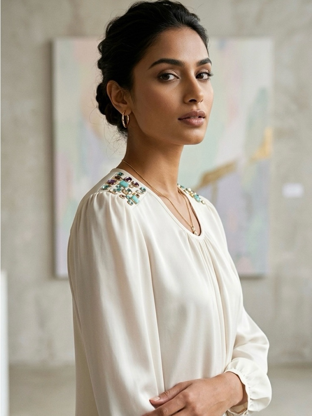 Cream Jewel Embellished Shoulder Blouse Long Sleeve S